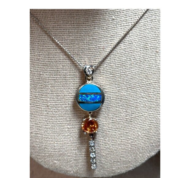 Sterling Silver 925 Pendant Necklace W/ Turquoise & Citrine Opal Gemstones  18" - Picture 1 of 10